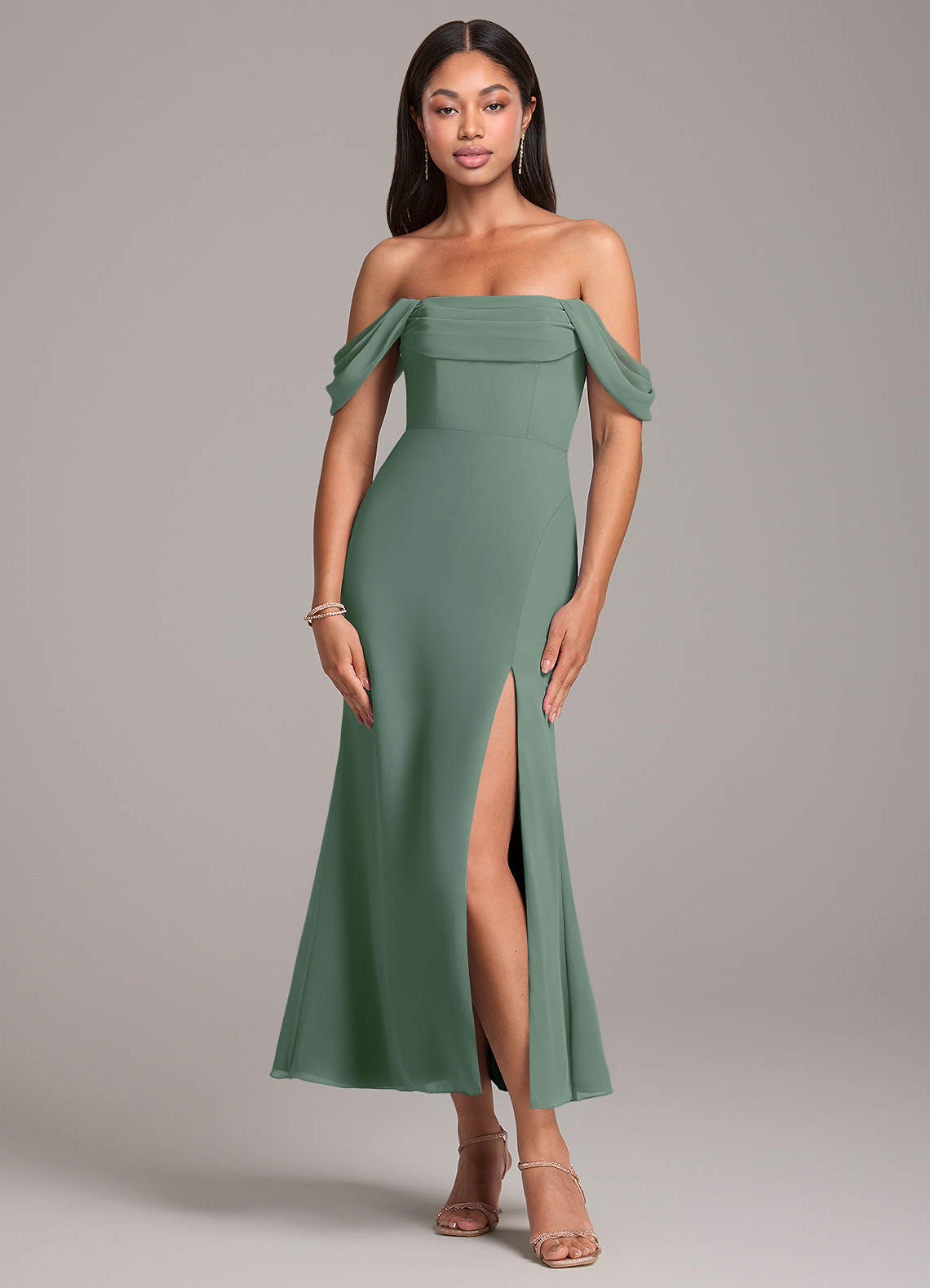 Azazie Saige Bridesmaid Dresses Eucalyptus Sheath Off the Shoulder Chiffon Convertible Dress image1