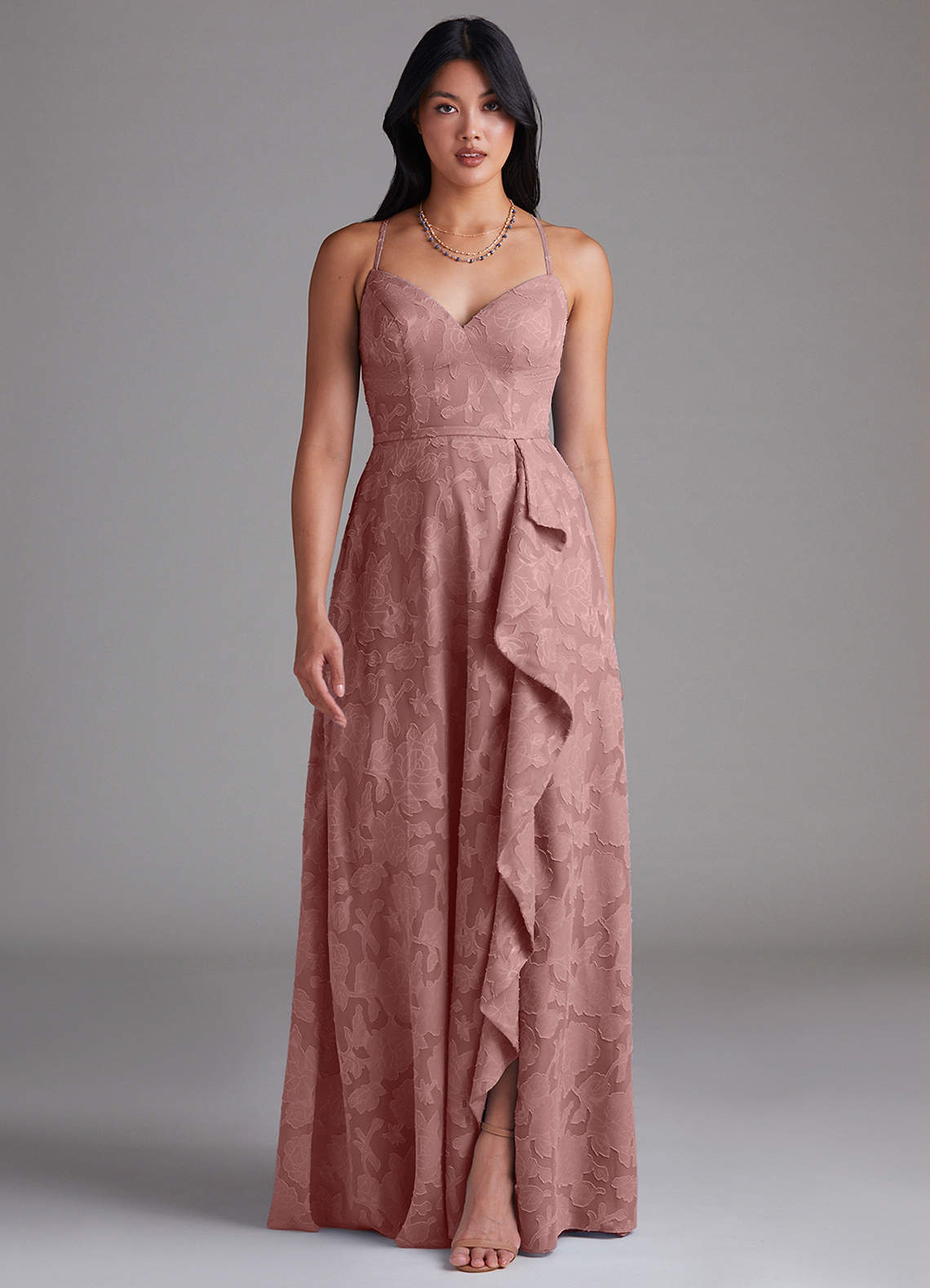 Azazie Naeem Brautjungfernkleider A-Linie Blumen-Burnout Kleid Altrosa image1