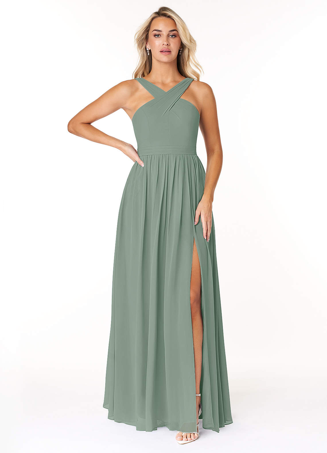 elvira green dress Azazie Ready to Ship Wisteria Chiffon Bridesmaid Dresses up collared neckline
