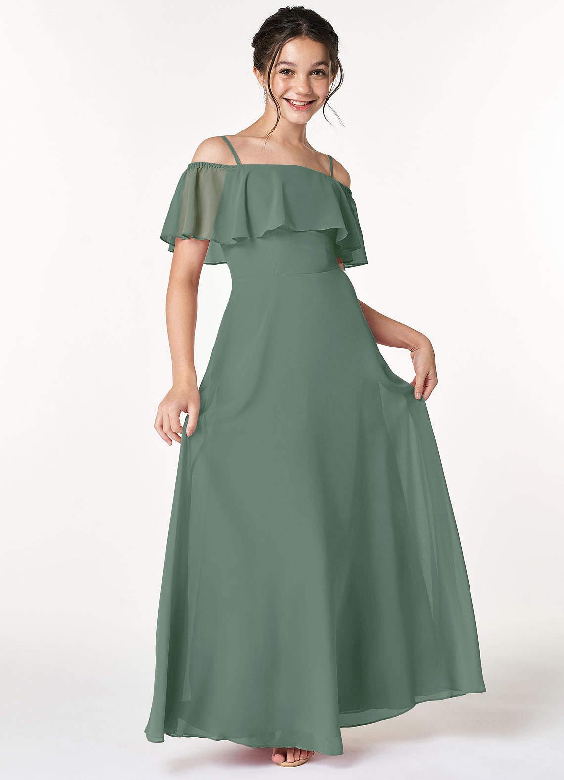 Azazie Maggie Junior Eucalyptus A-Line Off the Shoulder Chiffon Dress image1