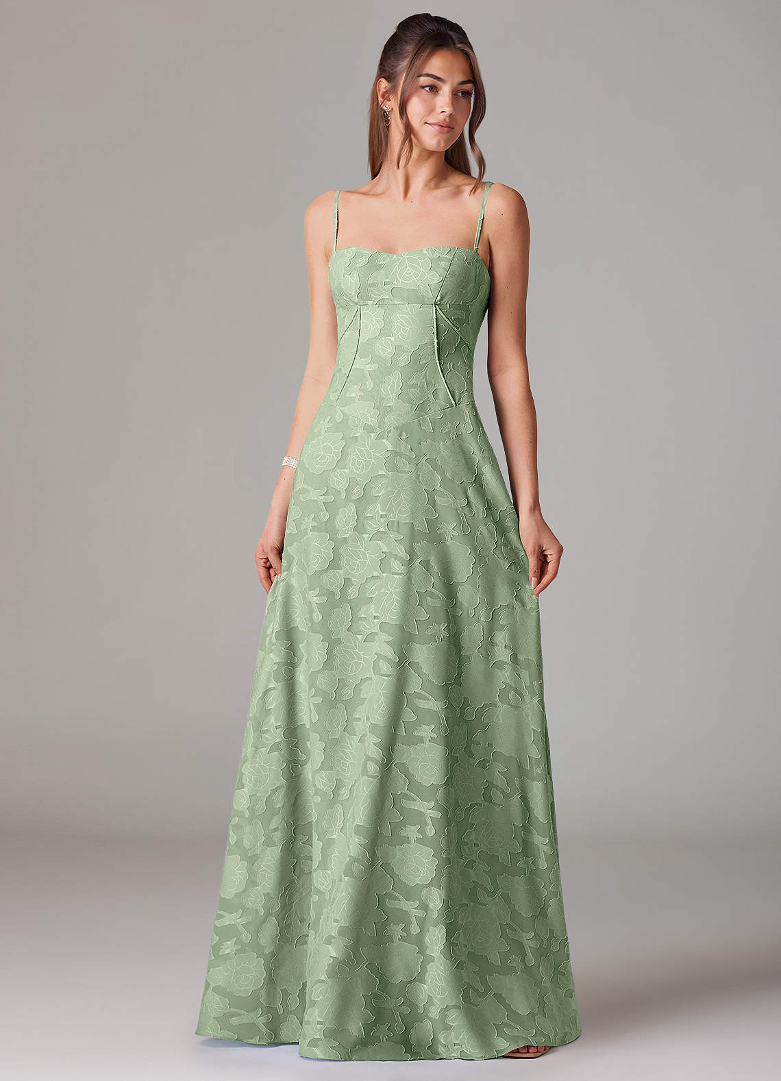 Azazie Valentine Bridesmaid Dresses Dusty Sage A-Line Sweetheart Neckline Floral Burnout Dress image1