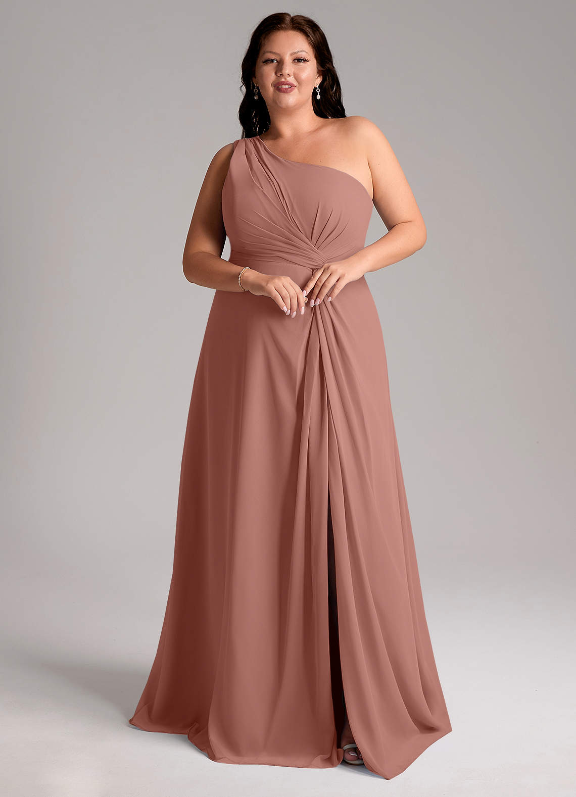 Azazie Brooke Bridesmaid Dresses Cedar Rose A-Line One Shoulder Chiffon Dress image10