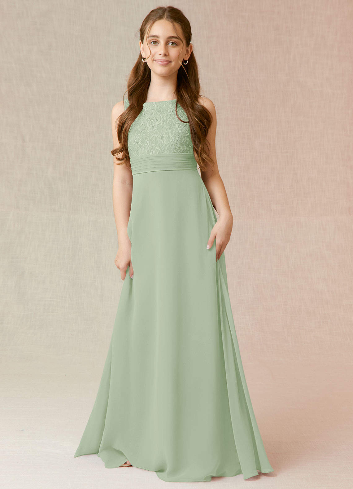 Azazie Snow A-Line Lace Chiffon Floor-Length Junior Bridesmaid Dress image1