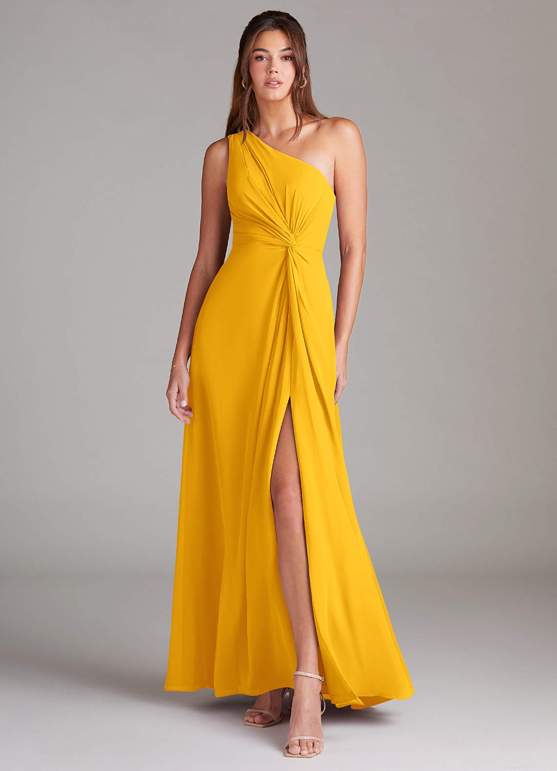 Azazie Brooke Bridesmaid Dresses Marigold A-Line One Shoulder Chiffon Dress image1