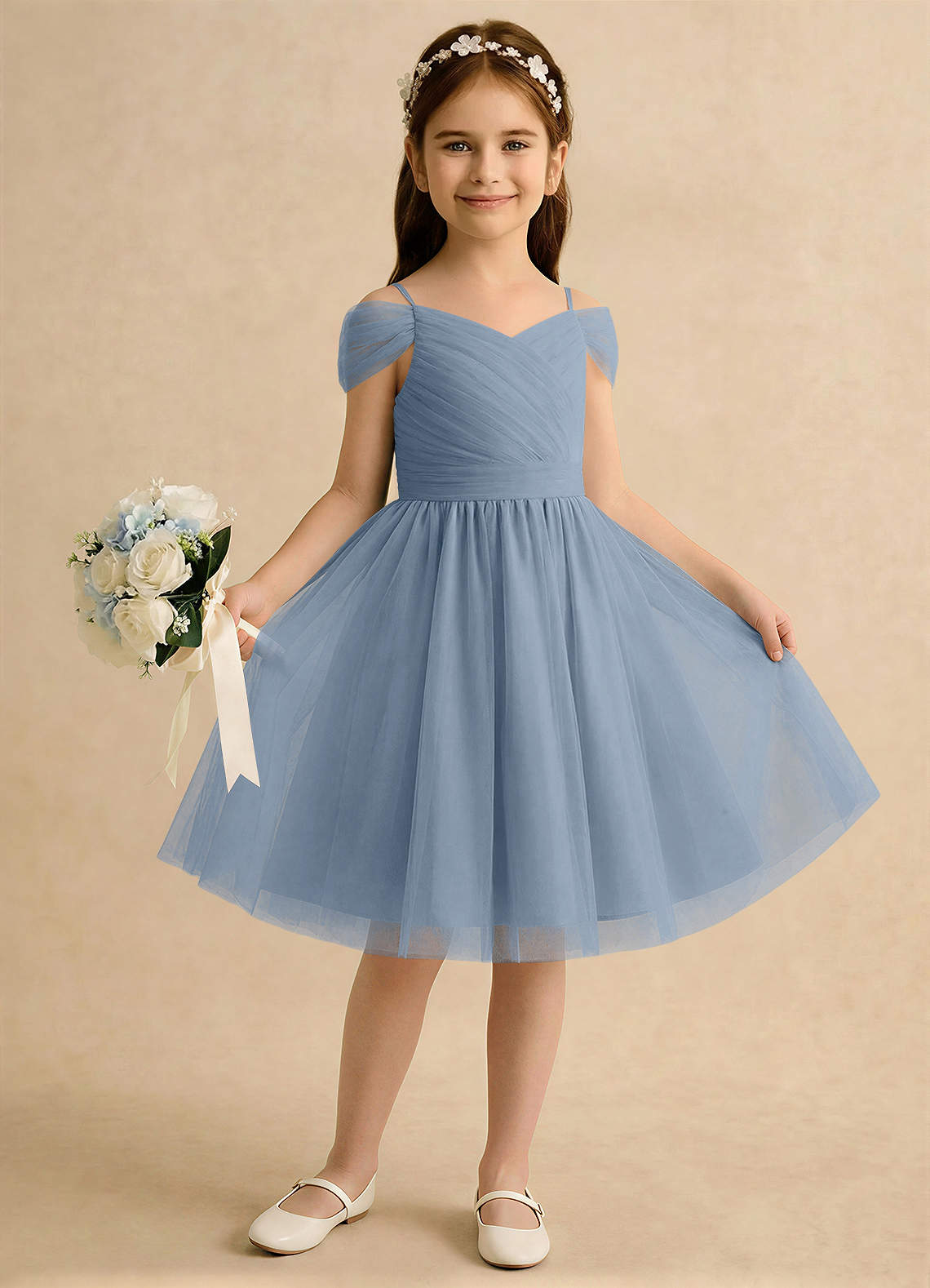 Azazie Lila Girls Formal Blomsterpigekjoler A-Line Off the shoulder Tulle Knælængde Kjole image3