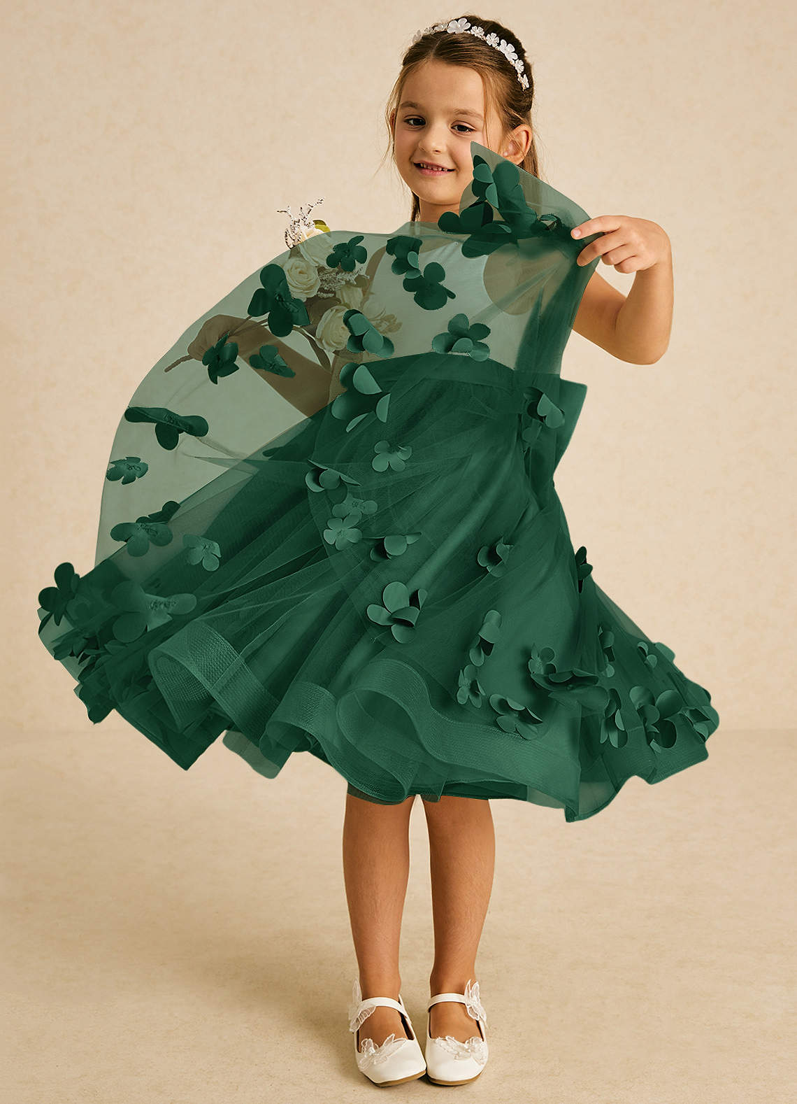 Azazie Sprout Flower Girl Dresses Dark Green A-Line Bow Tulle Dress image2