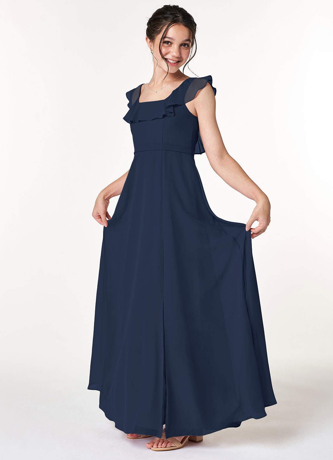 Azazie Jinny Junior Dark Navy A-Line Ruched Chiffon Dress image1