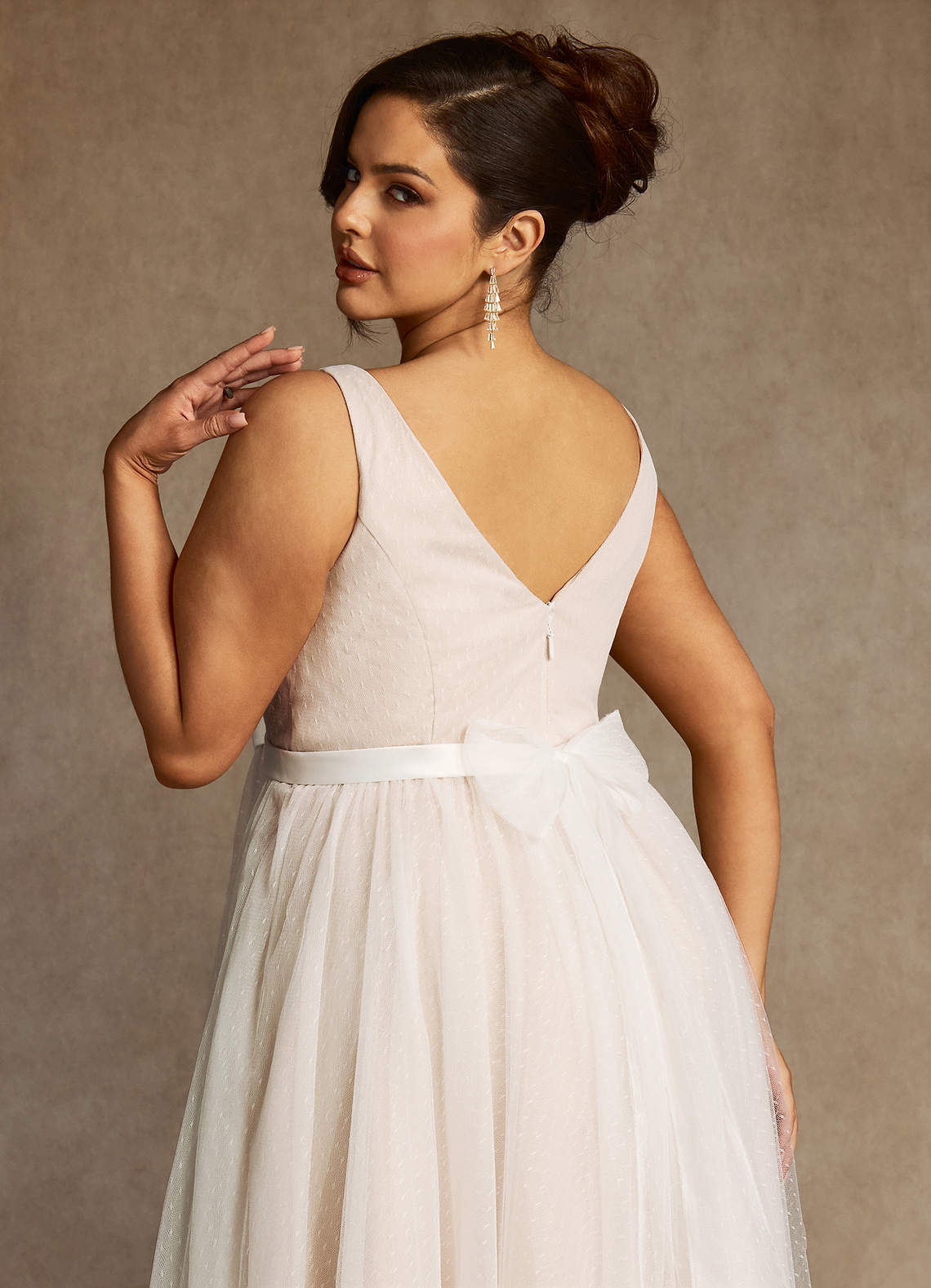 Azazie 2026 Plus Size A-Line Bridal Shower Dresses Diamond White/Nude Elegant Wedding Dress Bows Tea-Length Matte Satin Deep Plunge Bows