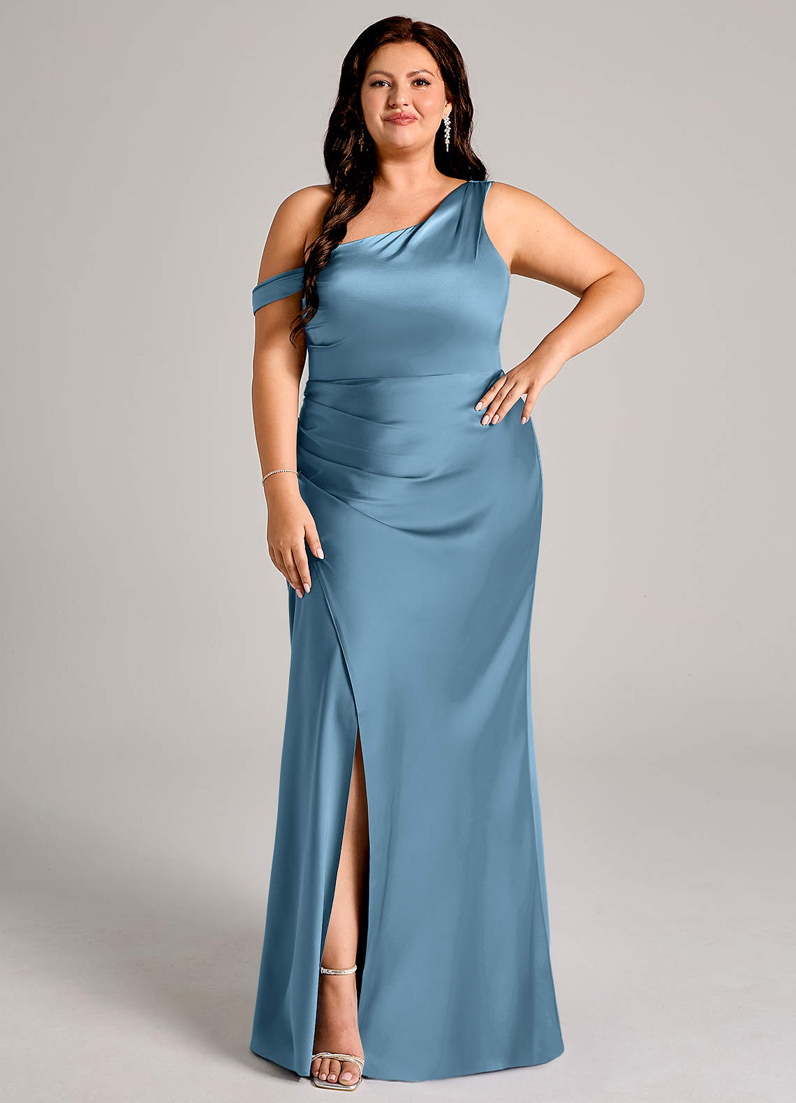 Azazie Madelyn Bridesmaid Dresses Steel Blue Mermaid One Shoulder Stretch Satin Convertible Dress image1