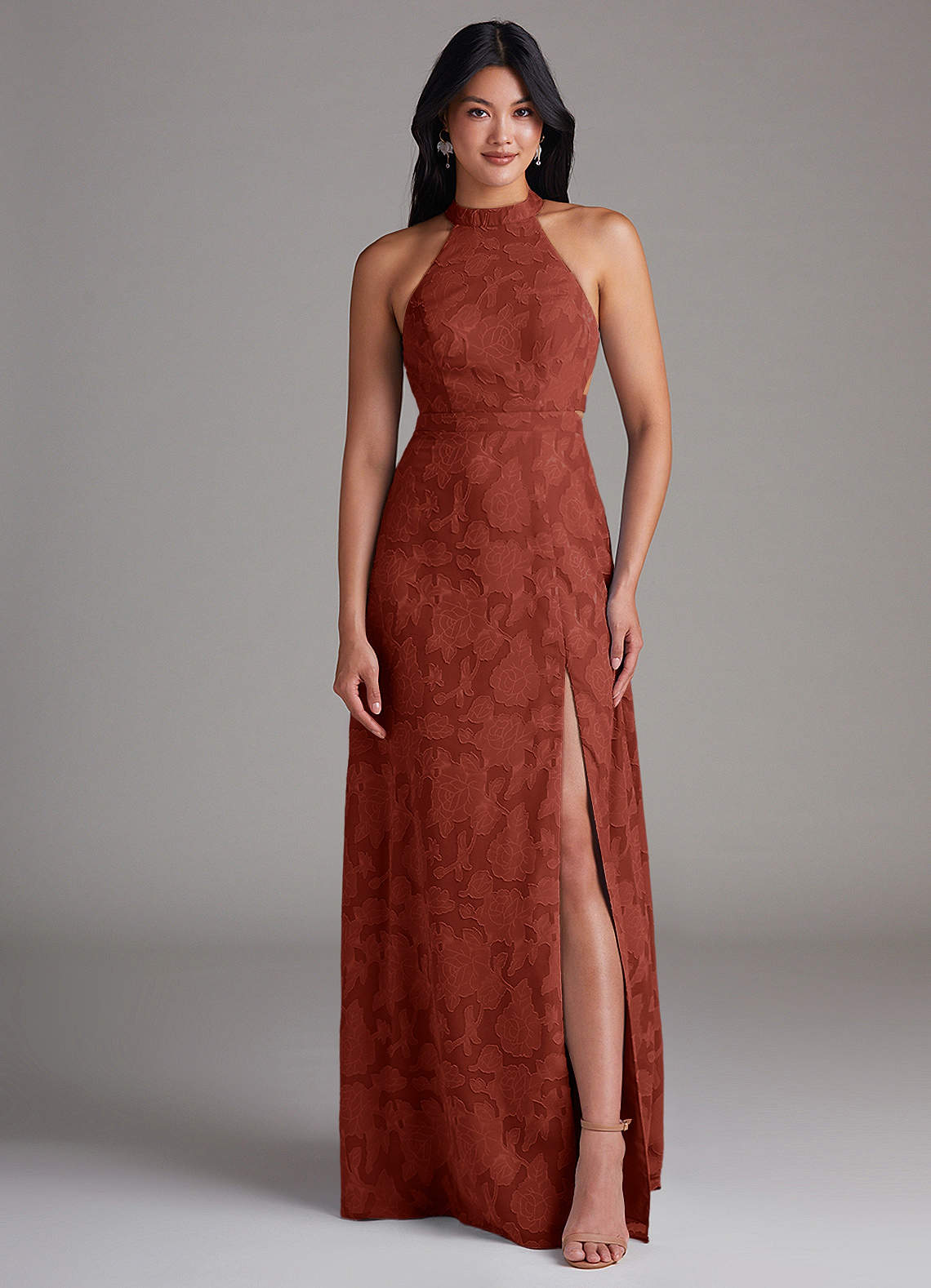 Azazie Clarice Bridesmaid Dresses Terracotta A-Line Side Slit Floral Burnout Dress image3