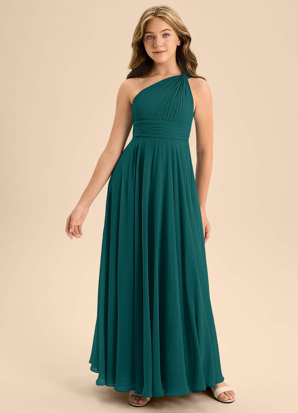 Azazie Charlize Junior Abito A-Line in Chiffon Plissettato Verde Pavone image2