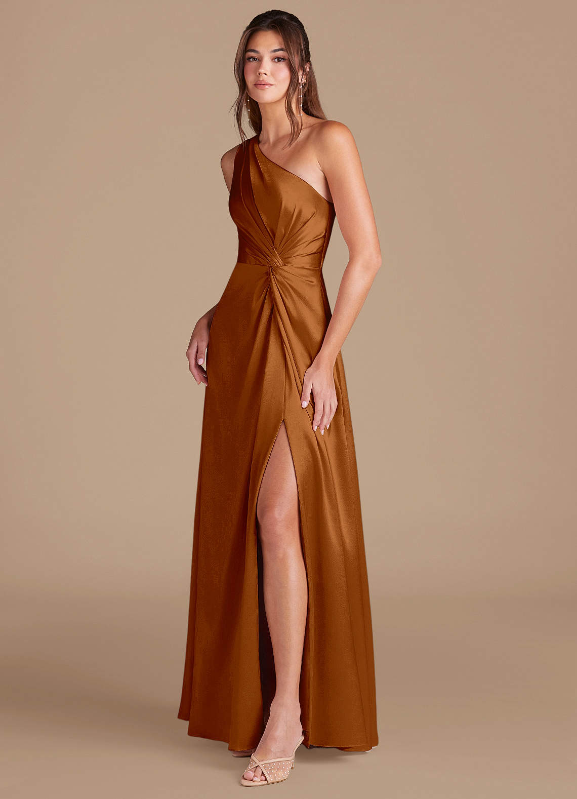 Azazie Brooke Copper Metallic Satin Bridesmaid Dresses | Azazie