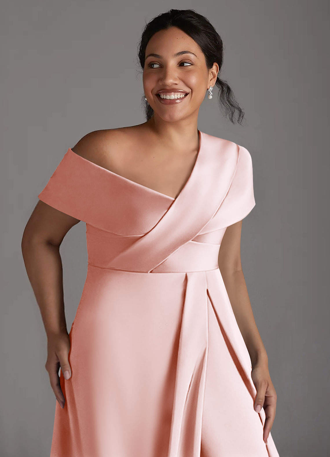 Azazie Milton Mother of the Bride Dresses Blushing Pink A-Line Pleated Stretch Satin Dress image12