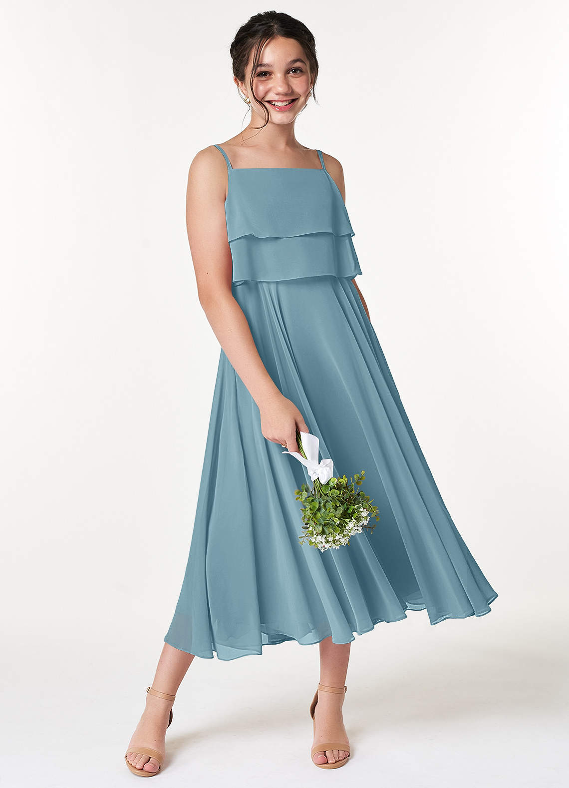 Azazie Ensley Junior Abito A-Line in Chiffon Plissettato Blu Lunatico image4