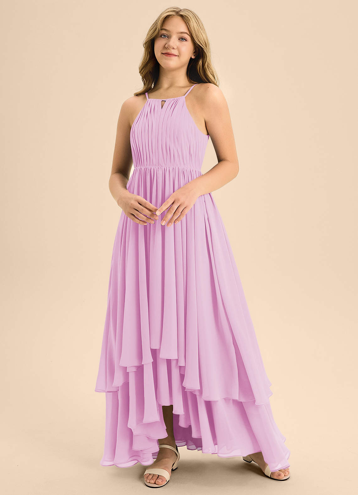 Azazie Elliora Junior Vestido de Rosa Caramelo de Gasa de Corte En A con Plisado image3