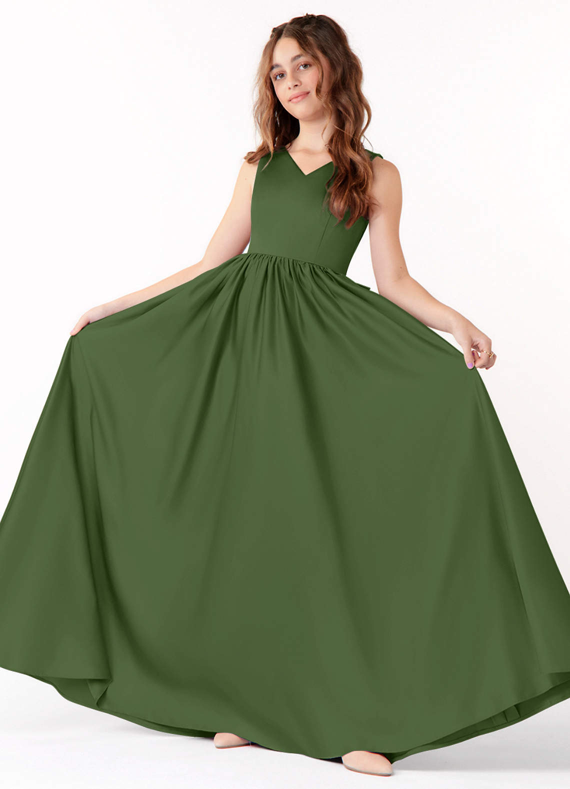 Azazie Hathaway Junior Vestido de Oliva de Satin Mate de Corte En A con Lazo image1