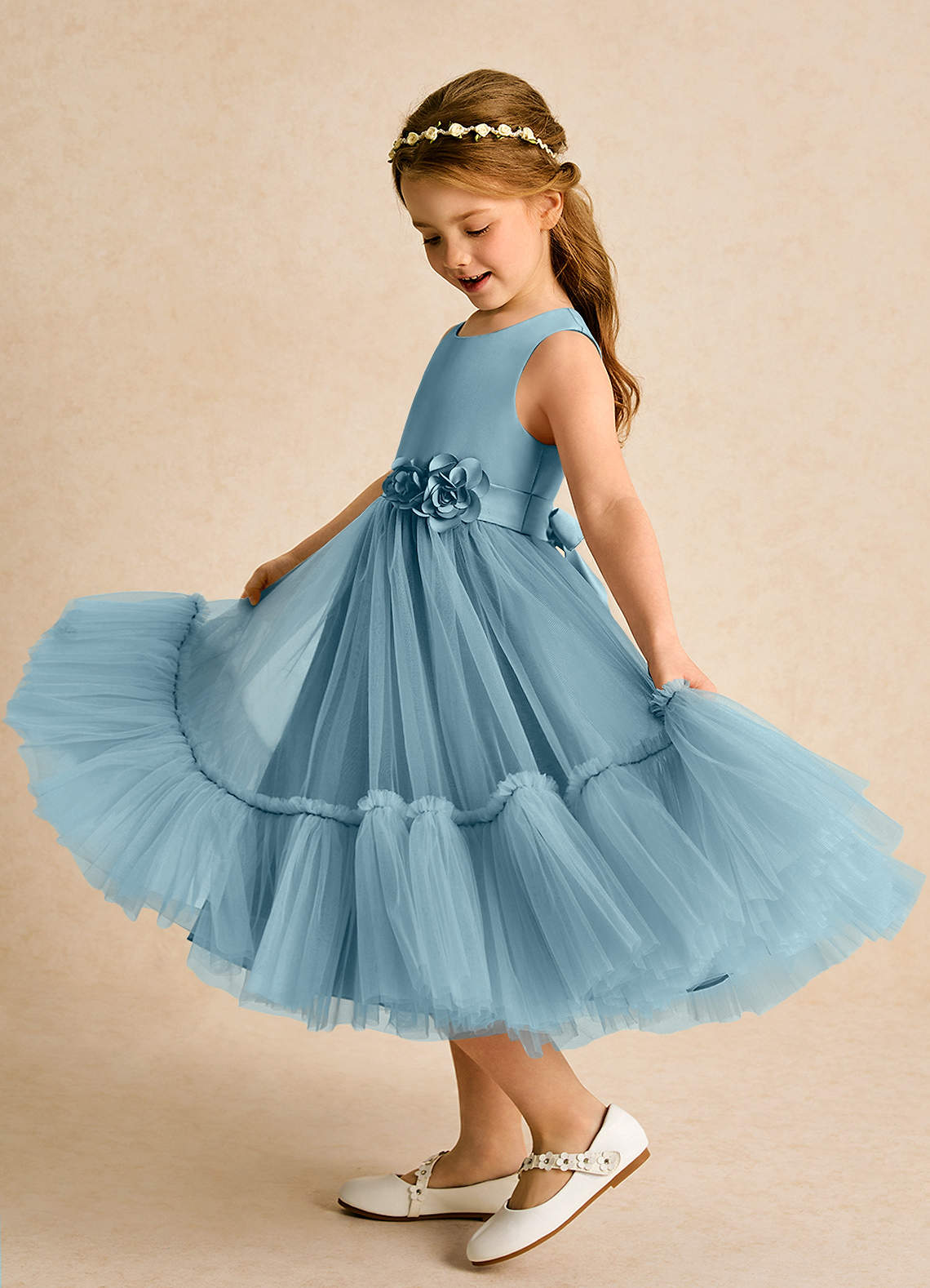 Azazie Miracle Robe Demoiselle D'honneur Fillette Robe Trapèze en Mat Satiné Arc Bleu Maussade image1