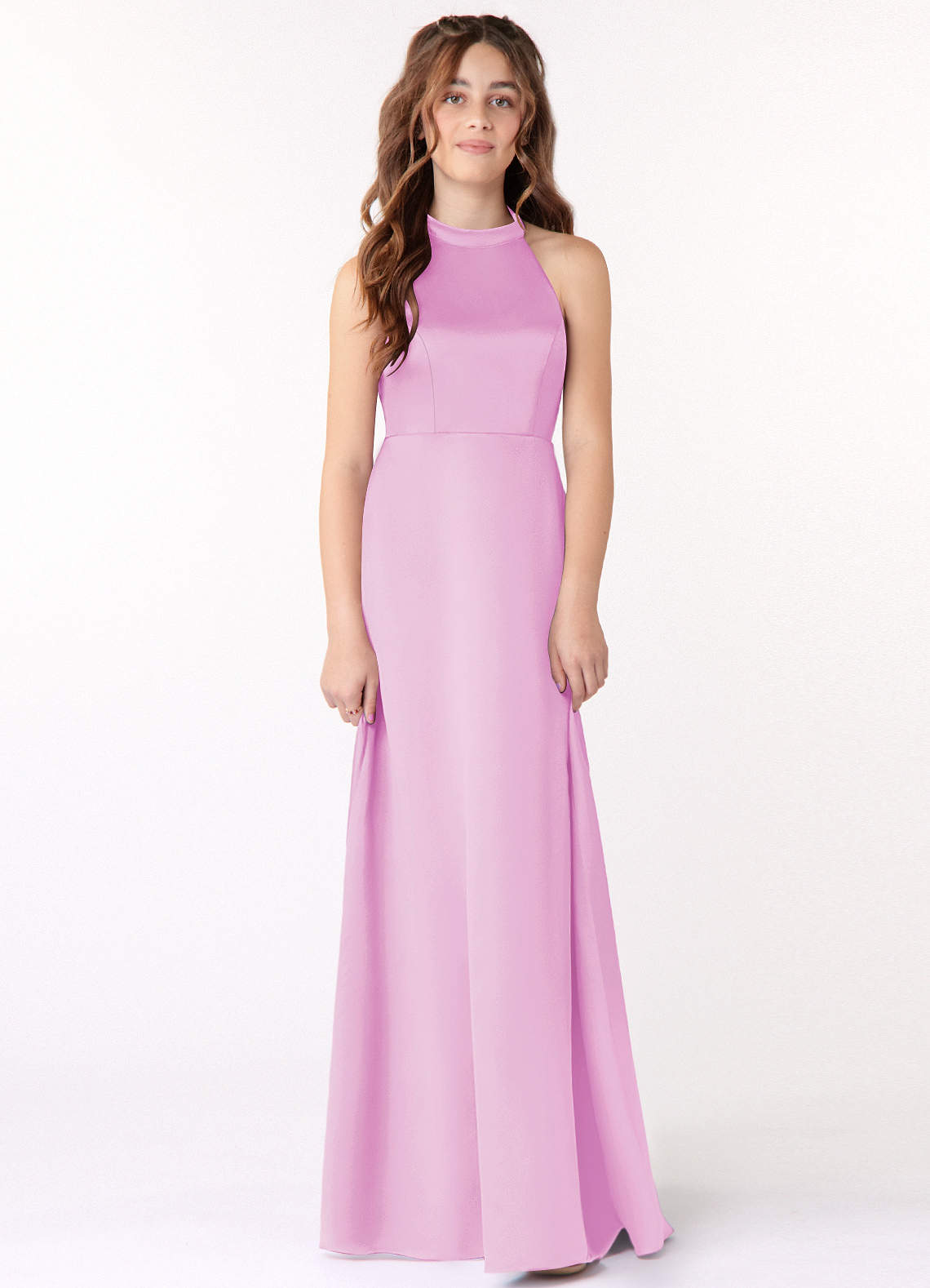 Azazie Laurel Junior Candy Pink A-Line Matte Satin Dress image1