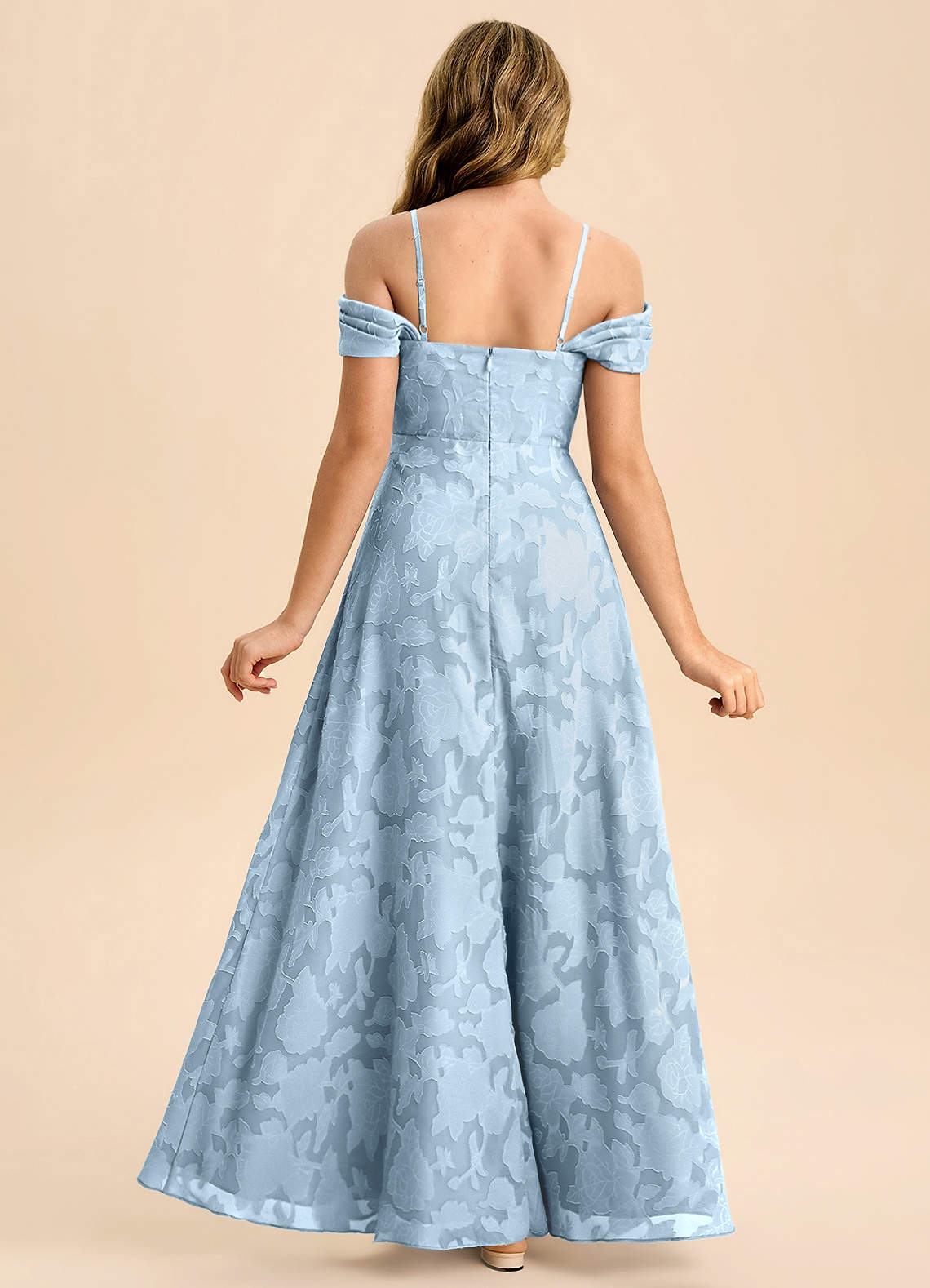 Azazie Anselie Junior Sky Blue A-Line Off the Shoulder Floral Burnout Dress image1