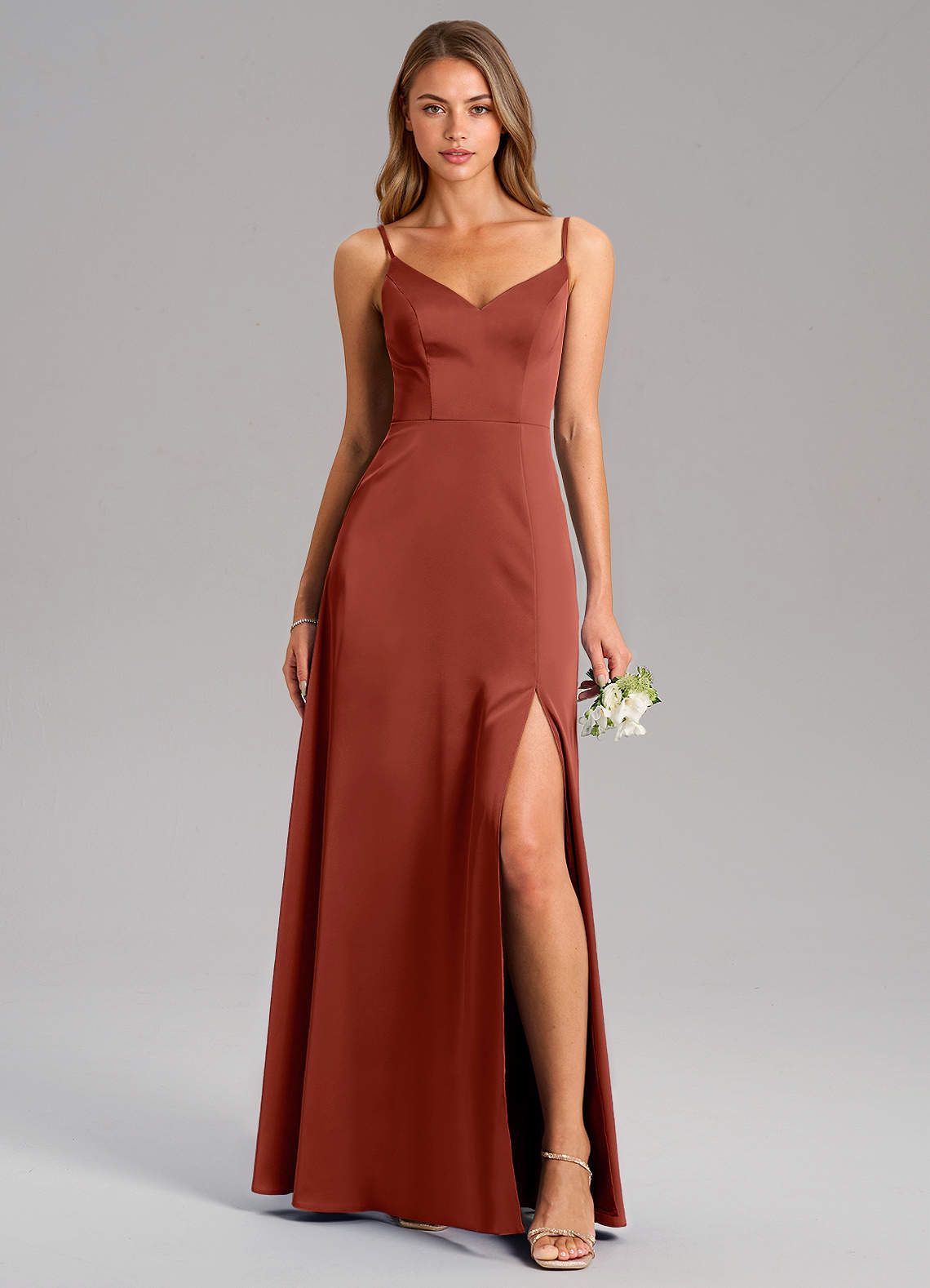 Azazie Talina Robes de demoiselle d'honneur Robe Trapèze en Satin extensible Terracotta image1