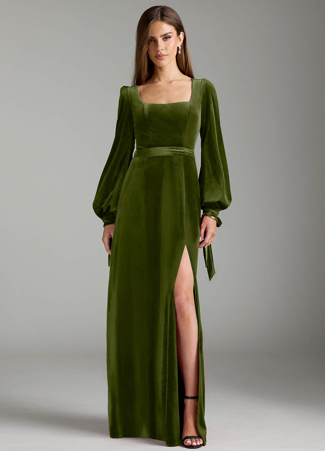 square neck long sleeve bridesmaid dress Half Sleeves Square Neck Velvet Bridesmaid Dresses, Regency main image 1