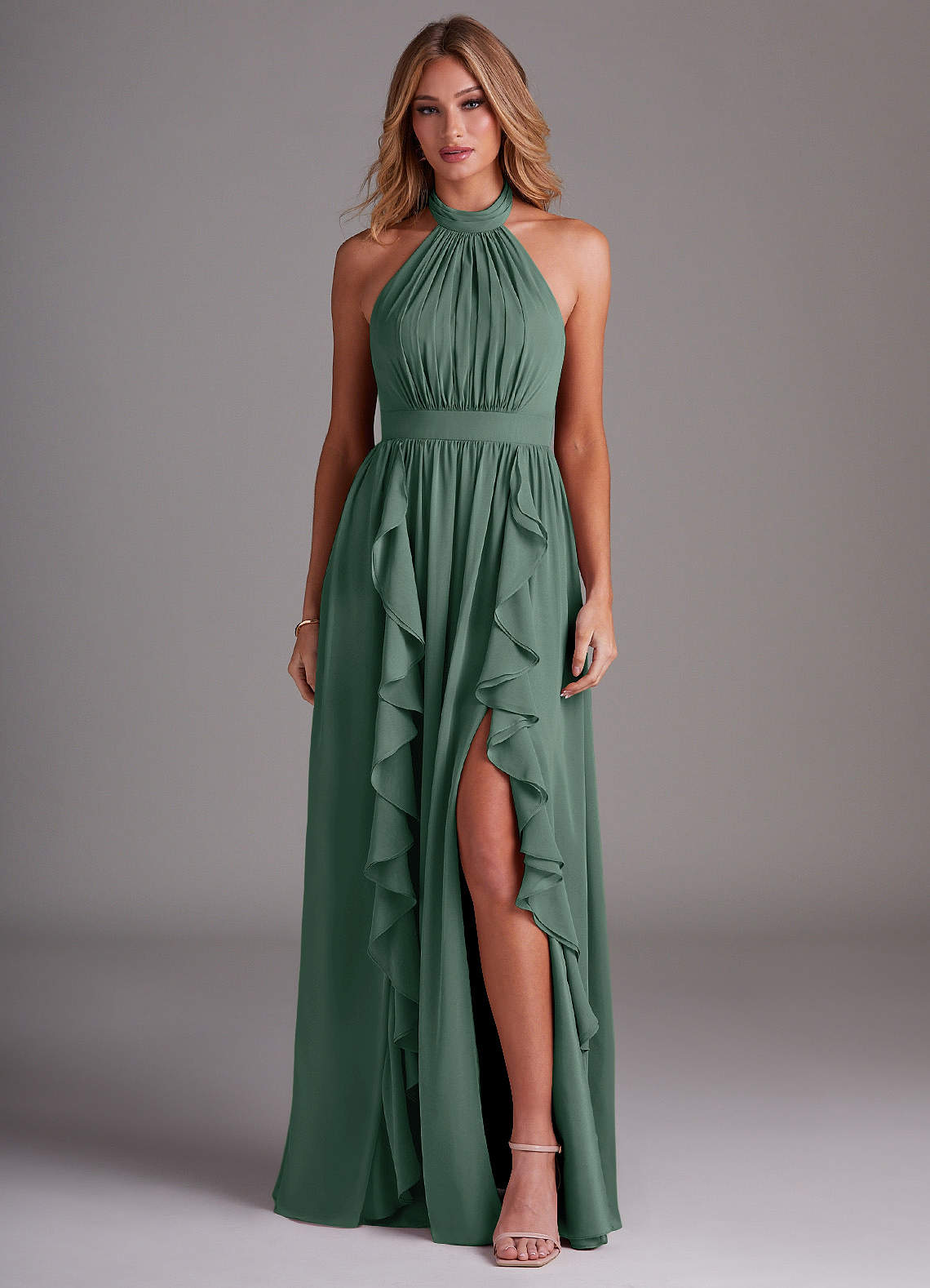 Azazie Avary Bridesmaid Dresses Sea Moss A-Line Pleated Chiffon Dress image1