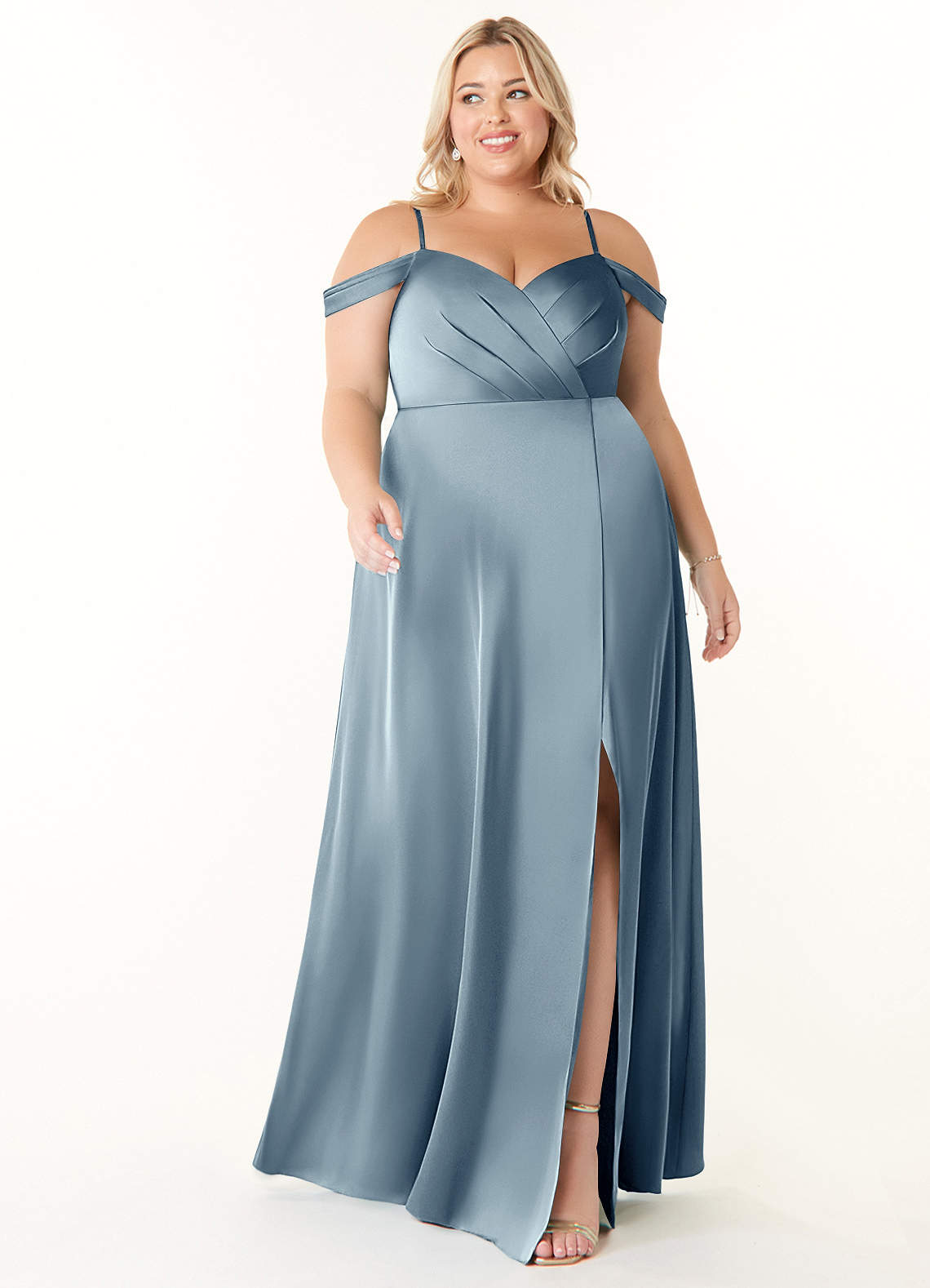 Azazie Ocean Bridesmaid Dresses Dusty Blue A-Line V-Neck Pleated Stretch Satin Dress image1