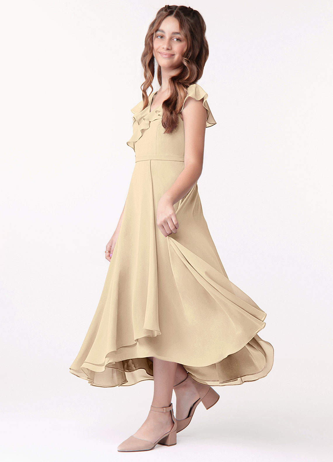 Azazie Posie Junior A-Linie Gestreift Chiffon Kleid Champagner image1