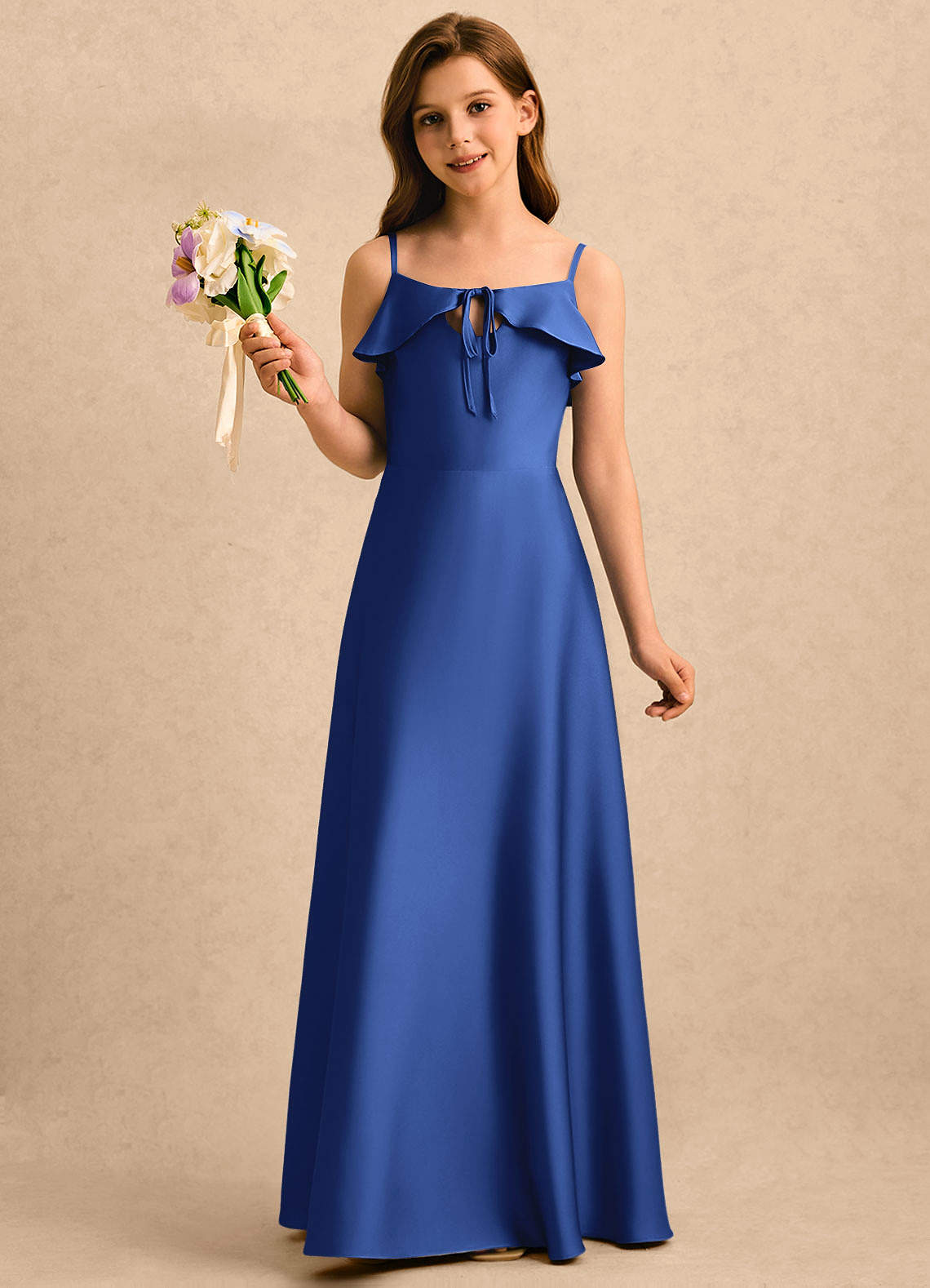 formal royal blue dress for girls Azazie Kapri A-Line Ruched Stretch Satin pair:melissa-floral-heels-ivory