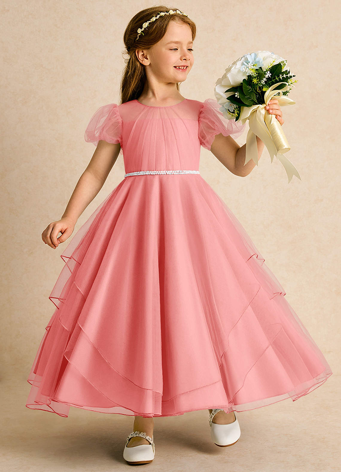 Azazie Duckie Abiti da Ragazza di Fiori Abito Principessa in Tulle Plissettato Corallo image1