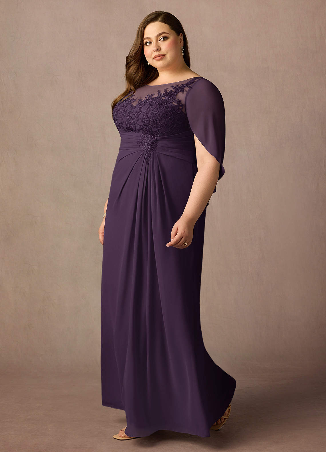 Azazie Hera Mother of the Bride Dresses Plum A-Line Lace Capelet Chiffon Dress image7