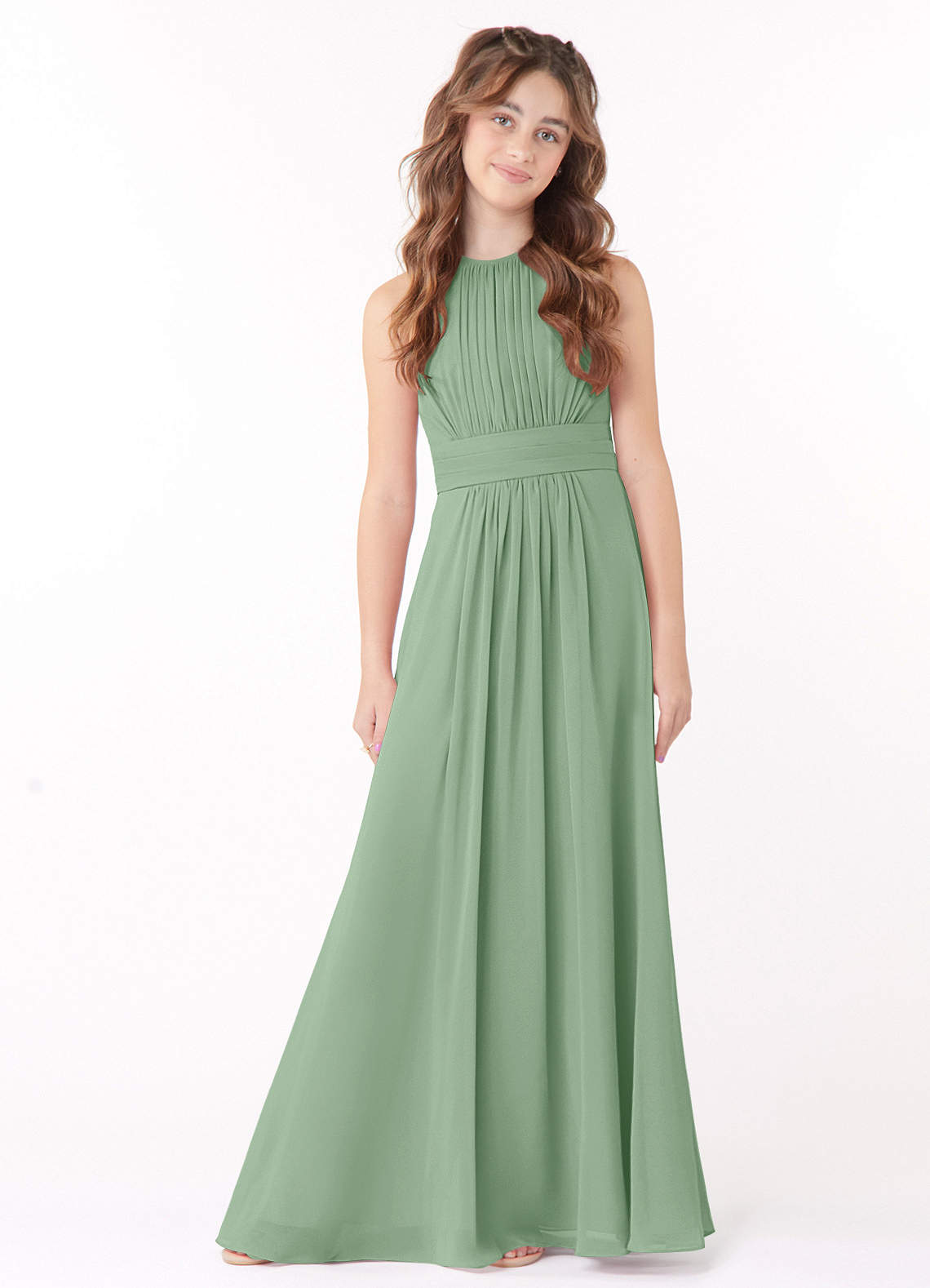 Azazie Bonnie Junior Matcha A-Line Pleated Chiffon Dress image1