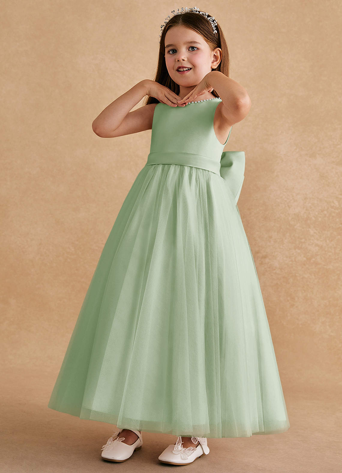 Azazie Cookie Flower Girl Dresses Dusty Sage A-Line Bow Tulle Dress image3