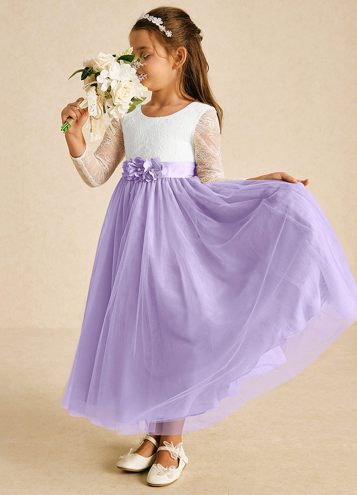 Azazie Mae vestidos de niña de las flores Vestido de Marfil Lila de Tul de Corte En A con Lazo image1
