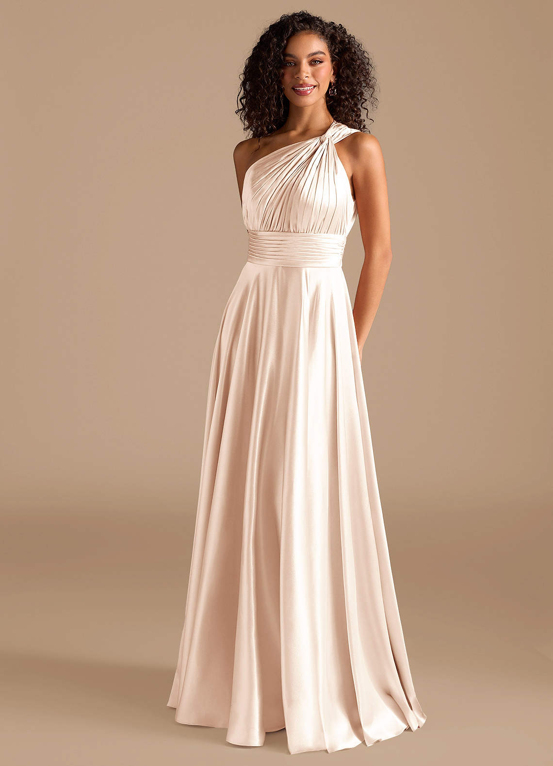 Azazie Charlize Bridesmaid Dresses Blushing Pink A-Line One Shoulder Metallic Satin Dress image1