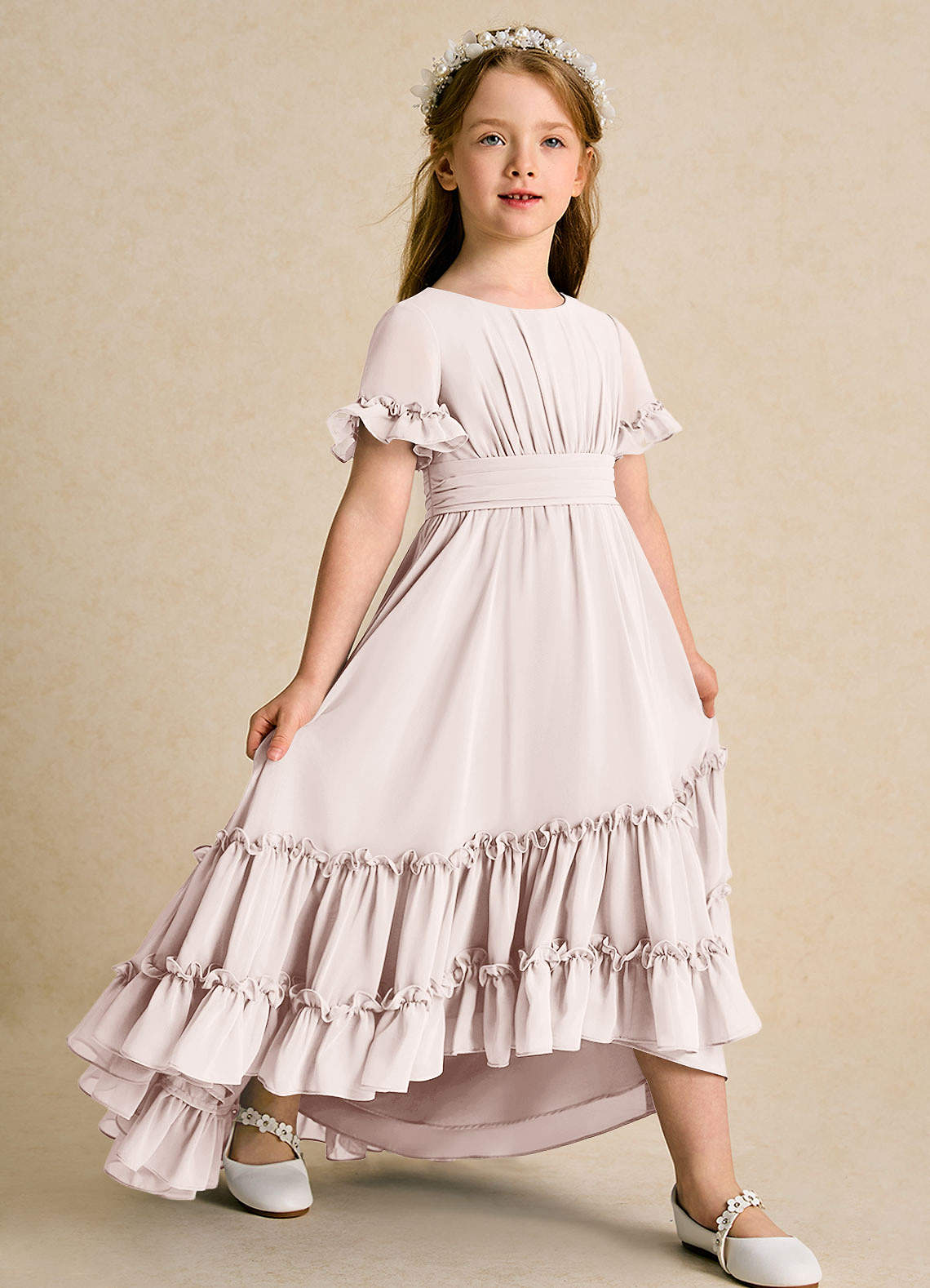 Azazie Kass Flower Girl Dresses Rose Petal A-Line Pleated Chiffon Dress image1