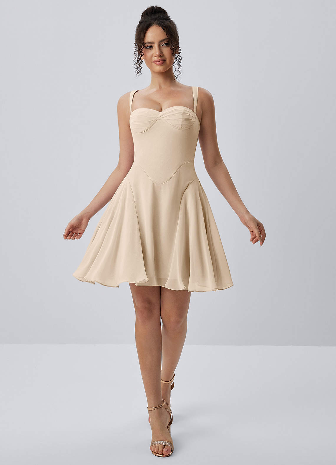 Isadora Champagne Spaghetti Strap Chiffon Lace-Up Skater Mini Dress Prom and Homecoming Dresses
