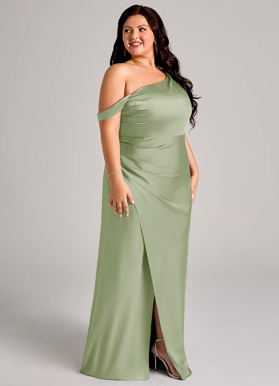 Azazie Madelyn Bridesmaid Dresses Dusty Sage Mermaid One Shoulder Stretch Satin Convertible Dress image11