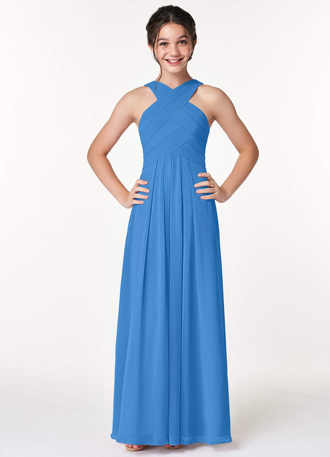 Azazie Kaleigh Junior Blue Jay A-Line Pleated Chiffon Dress image1