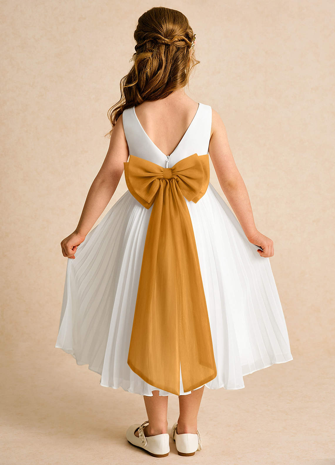 Azazie Margot Abiti da Ragazza di Fiori Abito A-Line in Chiffon Plissettato Avorio Caramello image1