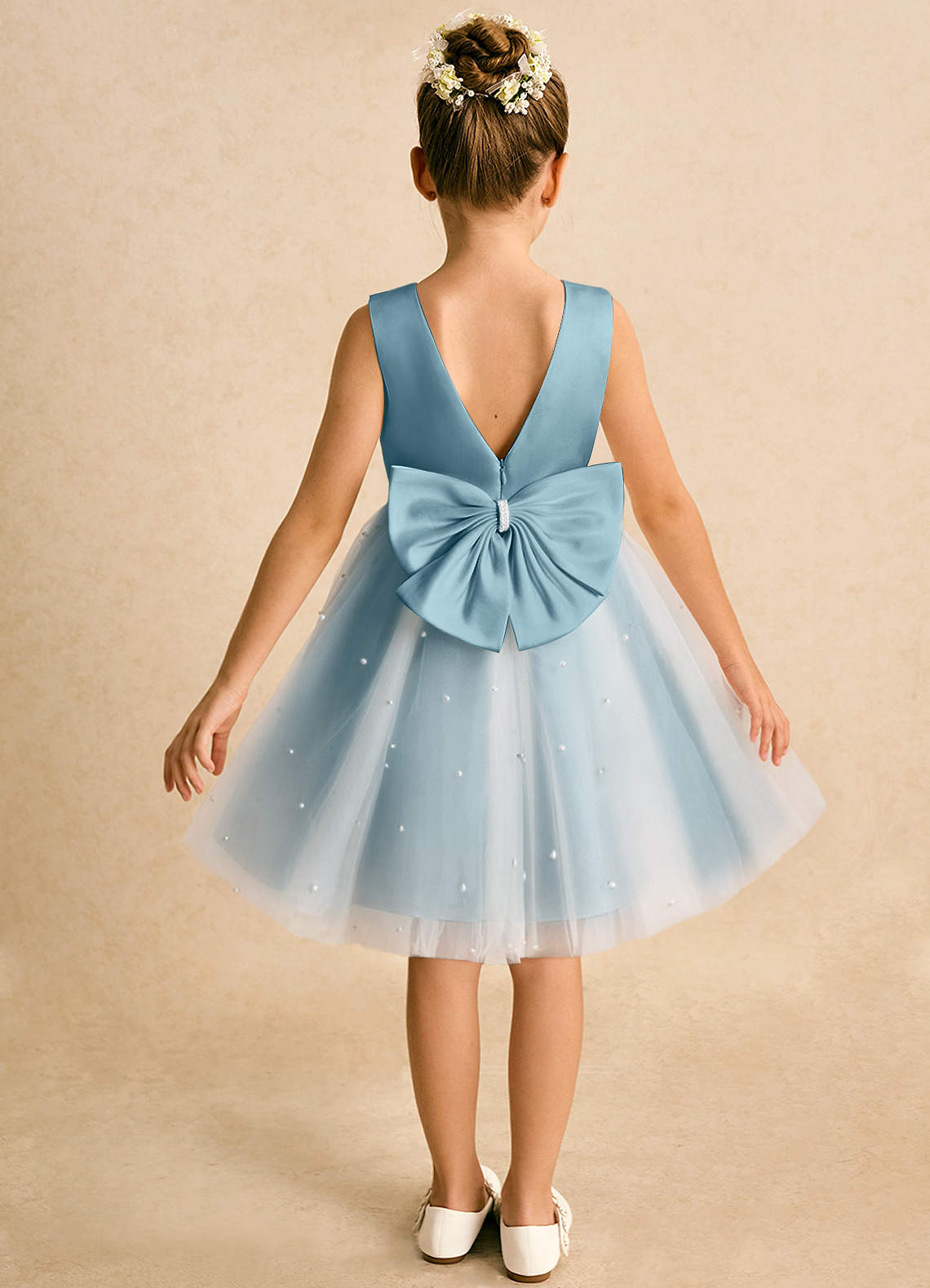 Azazie Esme Abiti da Ragazza di Fiori Abito Principessa in Tulle Fiocco Avorio Blu Lunatico image1
