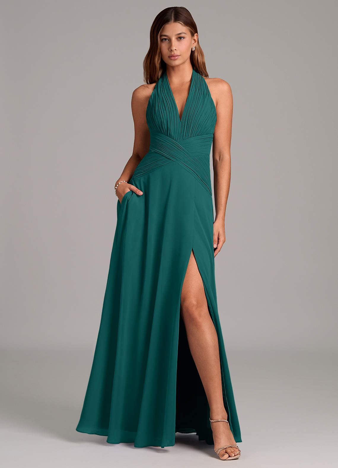 Azazie Elizabeth Bridesmaid Dresses Peacock A-Line Pleated Chiffon Dress image1