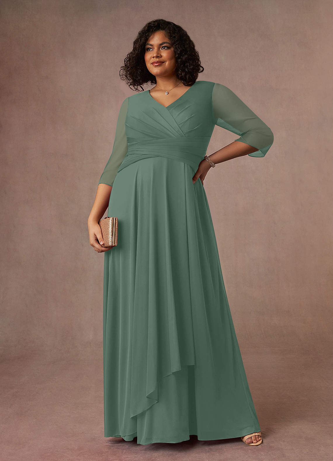 Azazie Annetta Mother of the Bride Dresses Eucalyptus A-Line V-Neck Pleated Mesh Dress image6