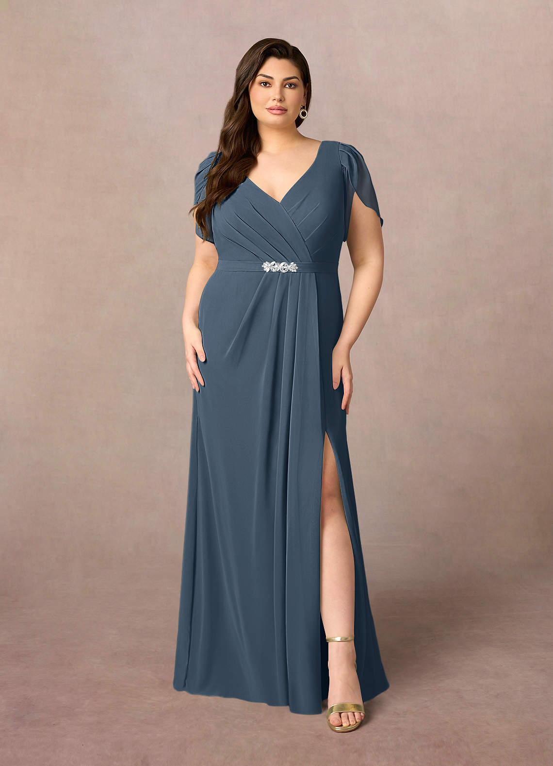 Azazie Marianne Abiti per la Madre della Sposa Abito Tubino in Chiffon con Scollo a V a Pieghe Blu Nettuno image1