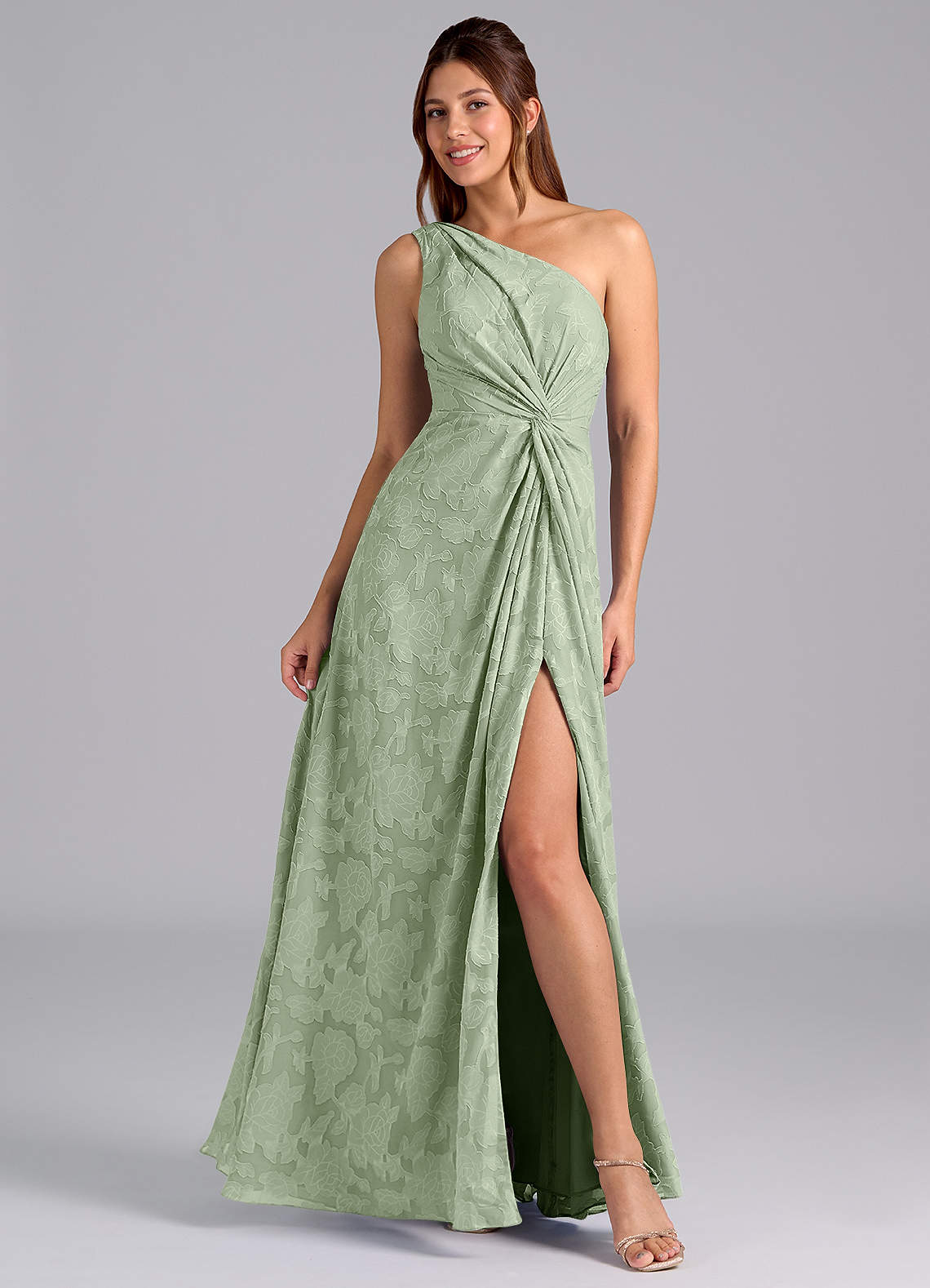 Azazie Brooke Bridesmaid Dresses Dusty Sage A-Line One Shoulder Floral Burnout Dress image1