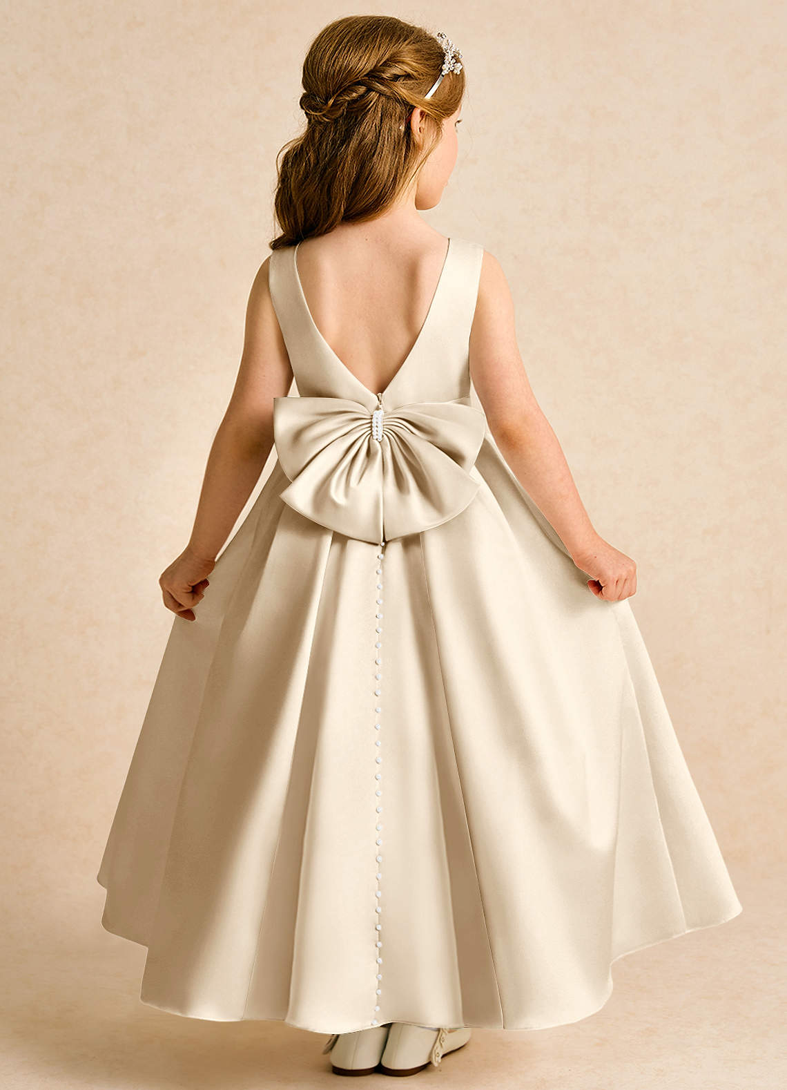Azazie Cherry Flower Girl Dresses Champagne Champagne Ball-Gown Pleated Matte Satin Dress image1