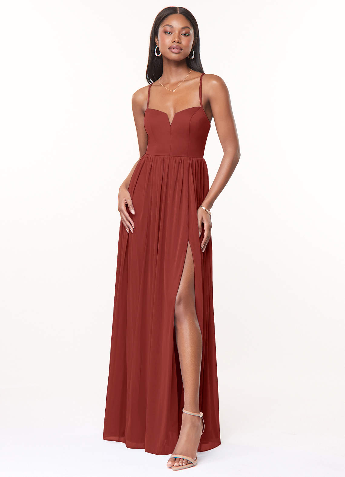 Azazie Marsol Bridesmaid Dresses Terracotta A-Line Corset Mesh Dress image1