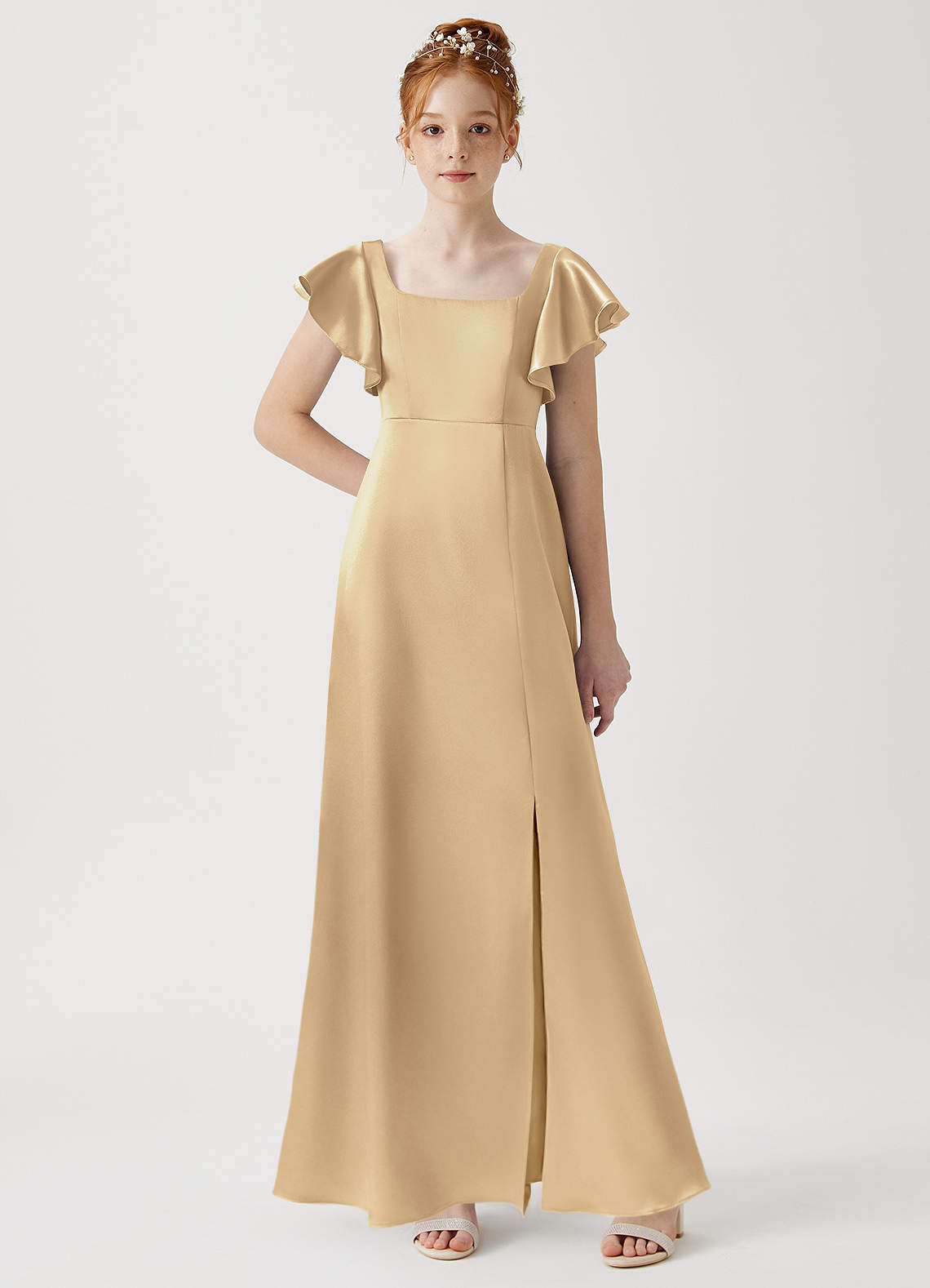 Azazie Bondi Junior A-Linie Seitliche Cut-Outs Metallischer Satin Kleid Champagner image1