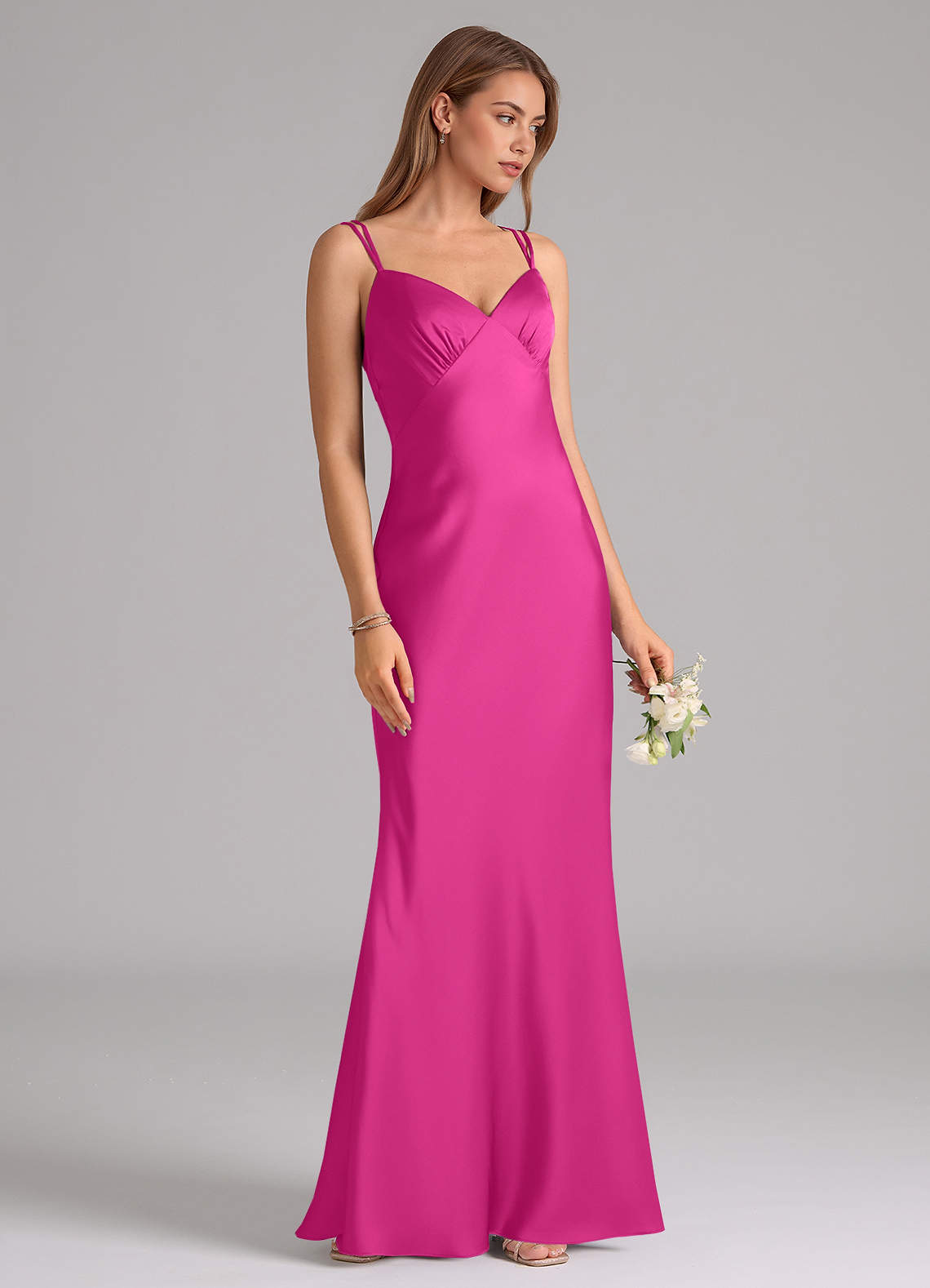 Azazie Suttona Vestidos de damas de honor Vestido de Fucsia de Satén Elástico de Corte en A con Plisado image1