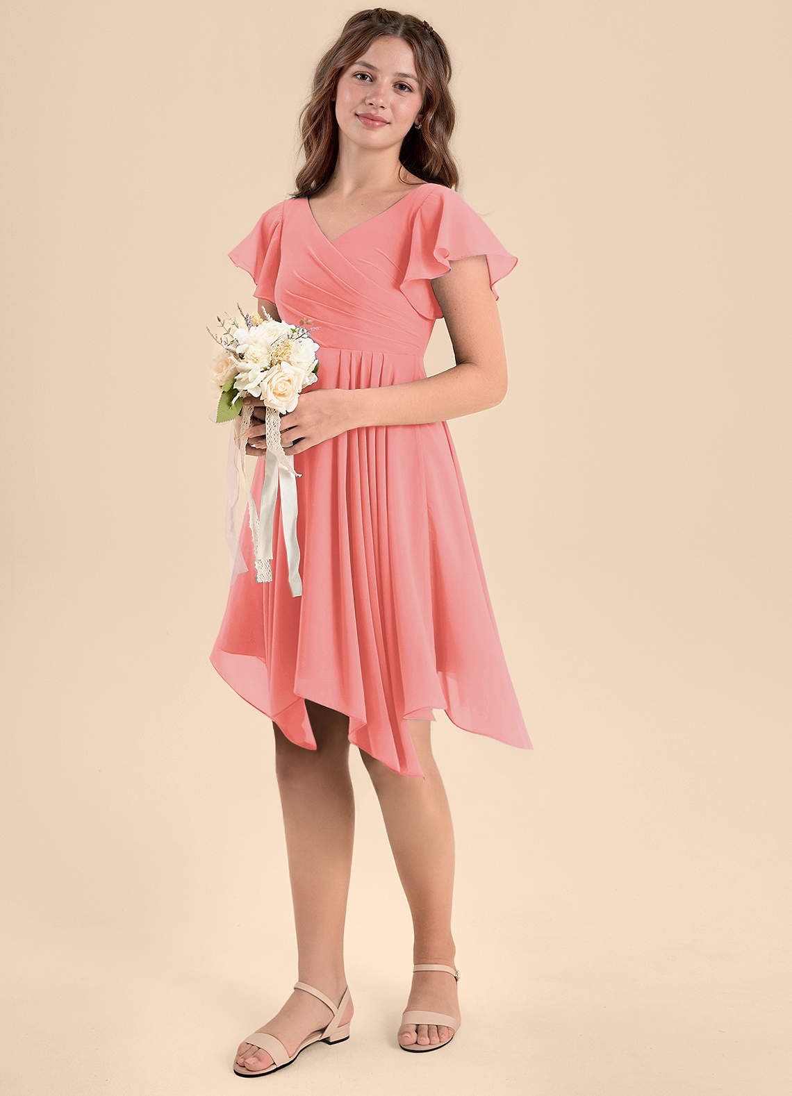 Azazie Janeaurelia Junior Coral A-Line Pleated Chiffon Dress image1